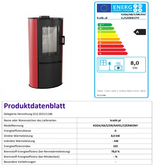 *EEK A - Kaminofen Kratki KOZA AB S mit roten Kacheln und Holzfach - 8 kW *EEK A - Kaminofen Kratki KOZA AB S Mit Roten Kacheln Und Holzfach - 8 KW -Kaminofen Geschaft Kozaczerwony